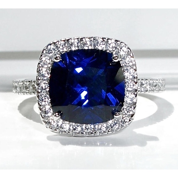 925 STERLING SILVER Cushion Cut Blue Spinel & Cubic Zirconia Halo Ring - Picture 4 of 16